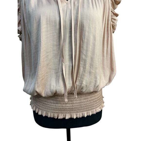 Maison d’Amelie Peasant Blouse Pale Pink Flutter Sleeves Smocked Waist Feminine - Picture 6 of 6